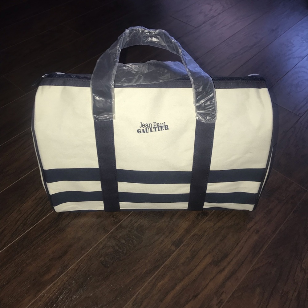 Jean Paul Gaultier White and Blue Canvas Tote Bag with Navy Accent Stripes Trim